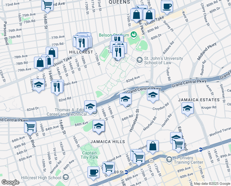 map of restaurants, bars, coffee shops, grocery stores, and more near Grand Central Parkway in Queens