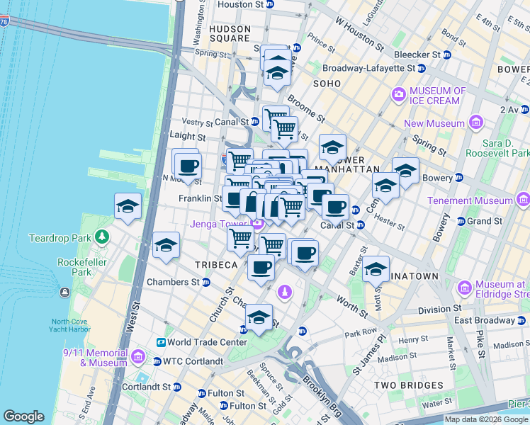 map of restaurants, bars, coffee shops, grocery stores, and more near 273 Church Street in New York