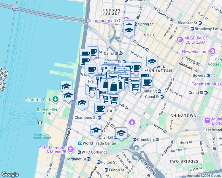 map of restaurants, bars, coffee shops, grocery stores, and more near in New York