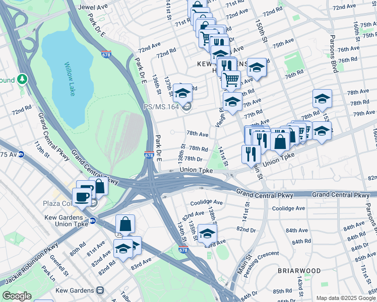 map of restaurants, bars, coffee shops, grocery stores, and more near 13814 78th Road in Queens