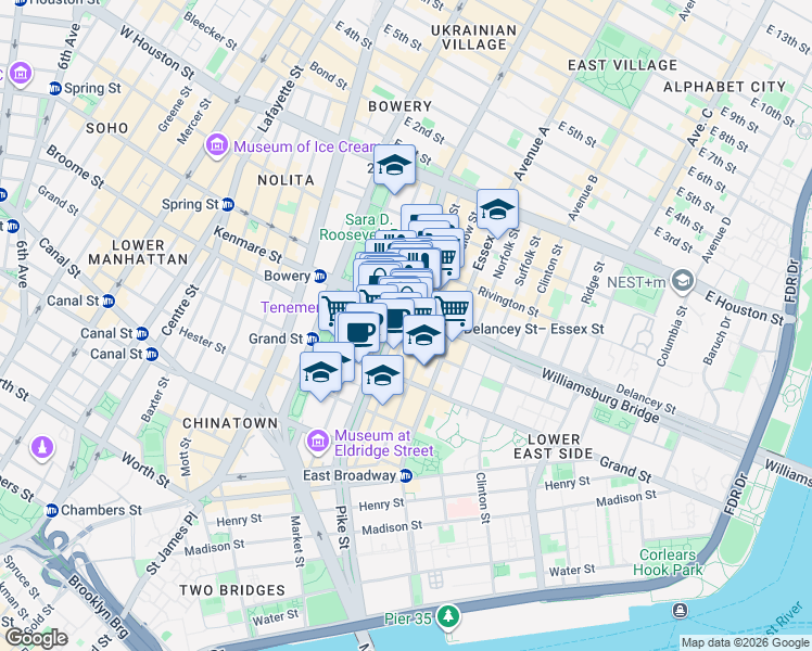 map of restaurants, bars, coffee shops, grocery stores, and more near 103 Orchard Street in New York