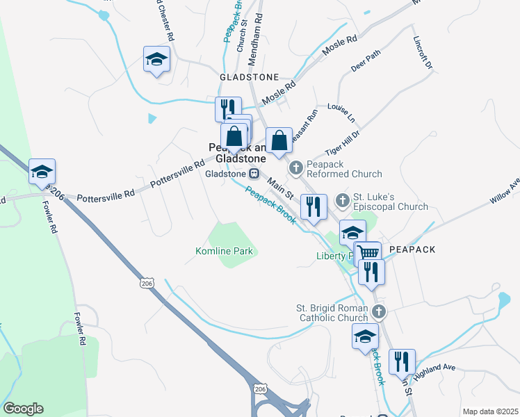 map of restaurants, bars, coffee shops, grocery stores, and more near 231 A Main Street in Peapack and Gladstone