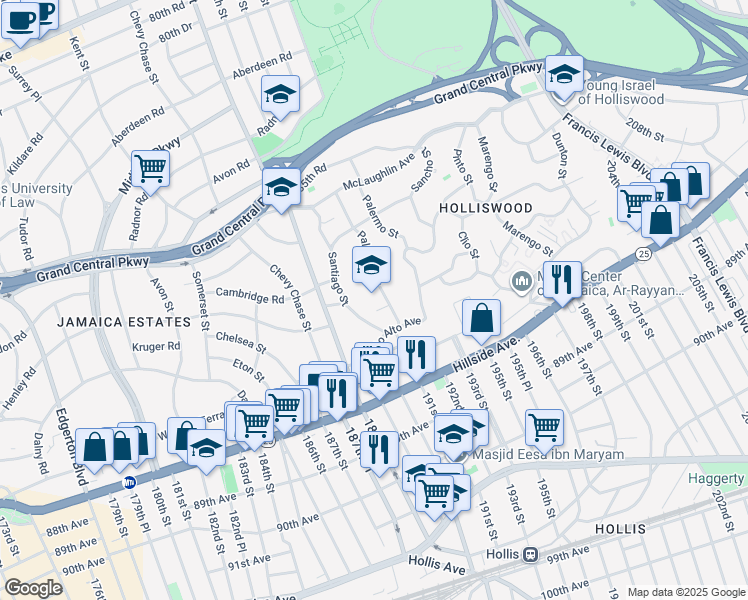 map of restaurants, bars, coffee shops, grocery stores, and more near 86-86 Palo Alto Street in Queens