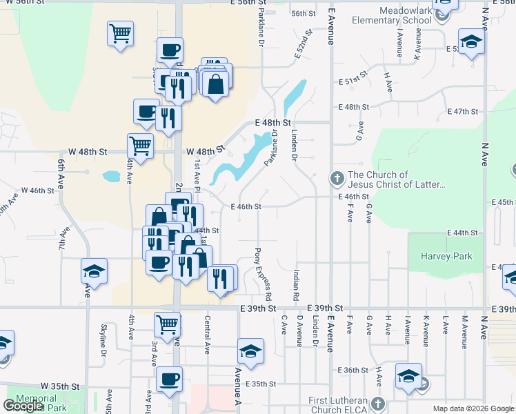 map of restaurants, bars, coffee shops, grocery stores, and more near 198 46th St Pl in Kearney