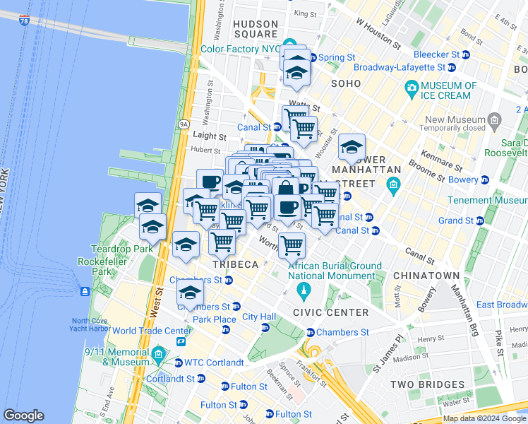 map of restaurants, bars, coffee shops, grocery stores, and more near West Broadway in New York