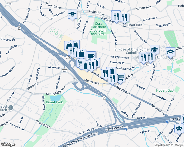 map of restaurants, bars, coffee shops, grocery stores, and more near 697 Morris Turnpike in Springfield