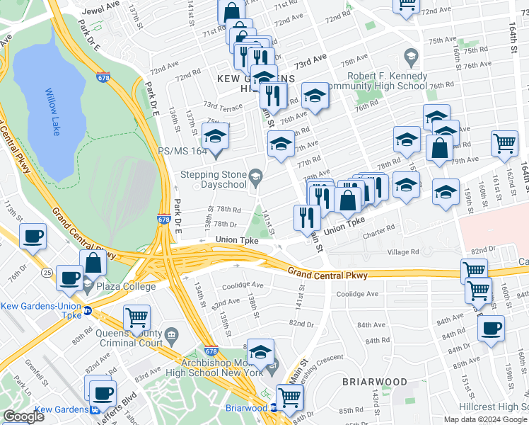 map of restaurants, bars, coffee shops, grocery stores, and more near 141-21 78th Road in Queens