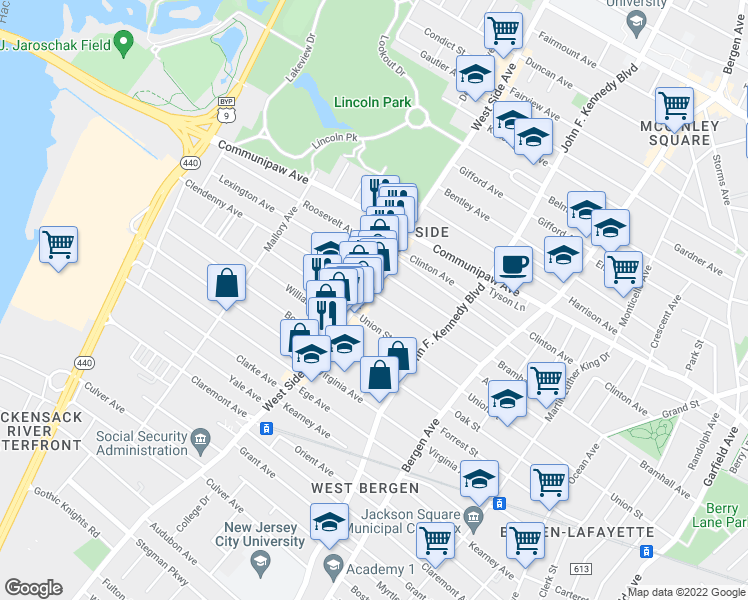 map of restaurants, bars, coffee shops, grocery stores, and more near 119 Clendenny Avenue in Jersey City