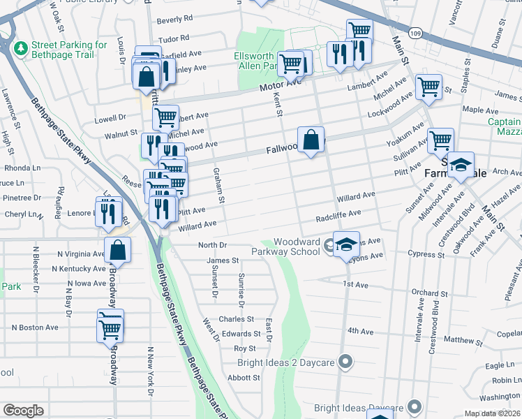 map of restaurants, bars, coffee shops, grocery stores, and more near 150 Plitt Avenue in Farmingdale