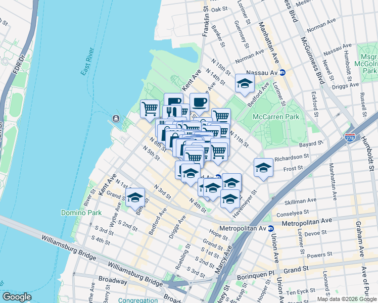 map of restaurants, bars, coffee shops, grocery stores, and more near in Brooklyn