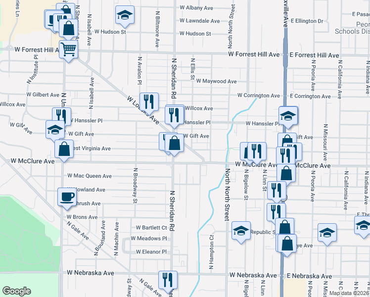map of restaurants, bars, coffee shops, grocery stores, and more near 610-612 West Loucks Avenue in Peoria