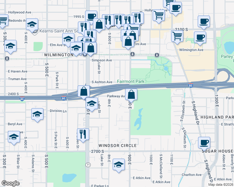 map of restaurants, bars, coffee shops, grocery stores, and more near 843 Parkway Avenue South in Salt Lake City