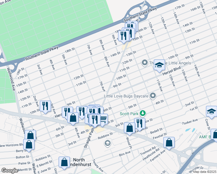 map of restaurants, bars, coffee shops, grocery stores, and more near 709 10th Street in West Babylon
