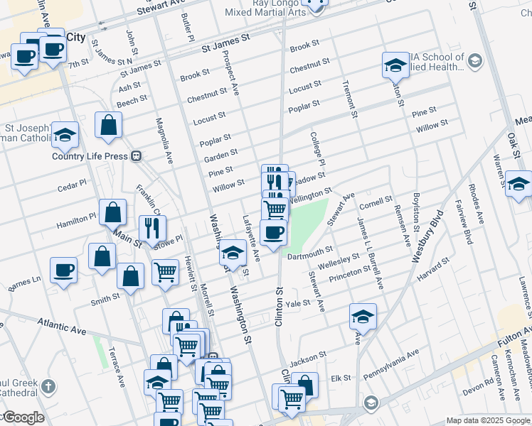 map of restaurants, bars, coffee shops, grocery stores, and more near 39 Wellington Street in Hempstead