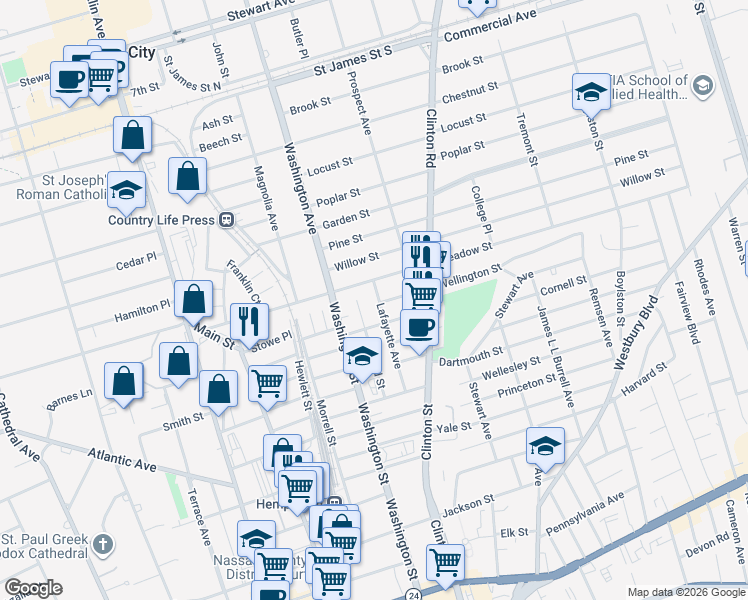 map of restaurants, bars, coffee shops, grocery stores, and more near 106 Lafayette Avenue in Hempstead