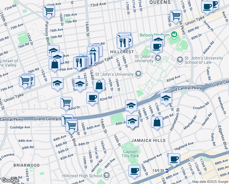 map of restaurants, bars, coffee shops, grocery stores, and more near 82-22 165th Street in Queens