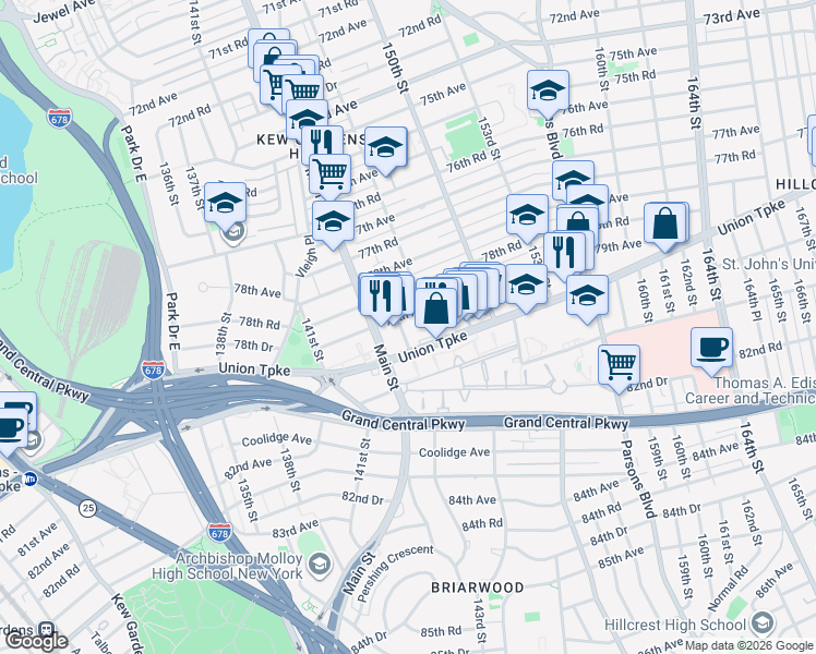 map of restaurants, bars, coffee shops, grocery stores, and more near 156-33 79th Avenue in Queens