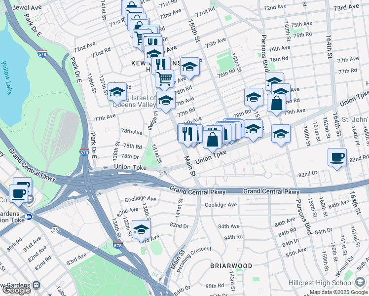 map of restaurants, bars, coffee shops, grocery stores, and more near 25 Main Street in Queens
