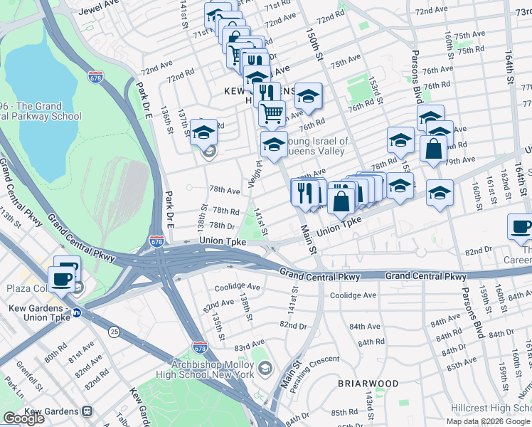 map of restaurants, bars, coffee shops, grocery stores, and more near 141-21 78th Road in Queens