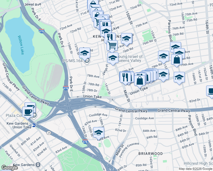 map of restaurants, bars, coffee shops, grocery stores, and more near 141-21 78th Road in Queens