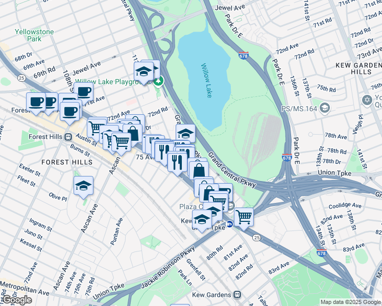 map of restaurants, bars, coffee shops, grocery stores, and more near 75-24 Grand Central Parkway in Queens