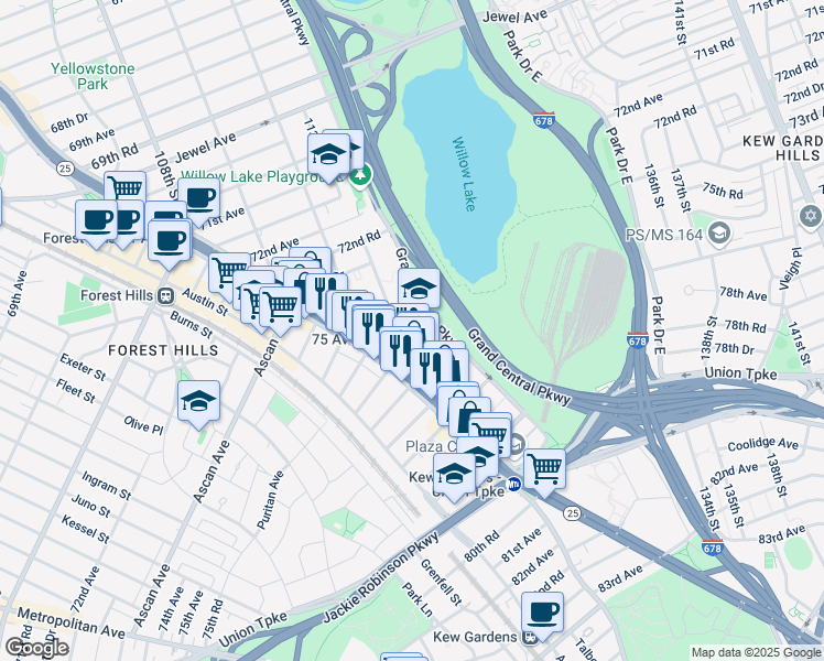 map of restaurants, bars, coffee shops, grocery stores, and more near 75-24 Grand Central Parkway in Queens