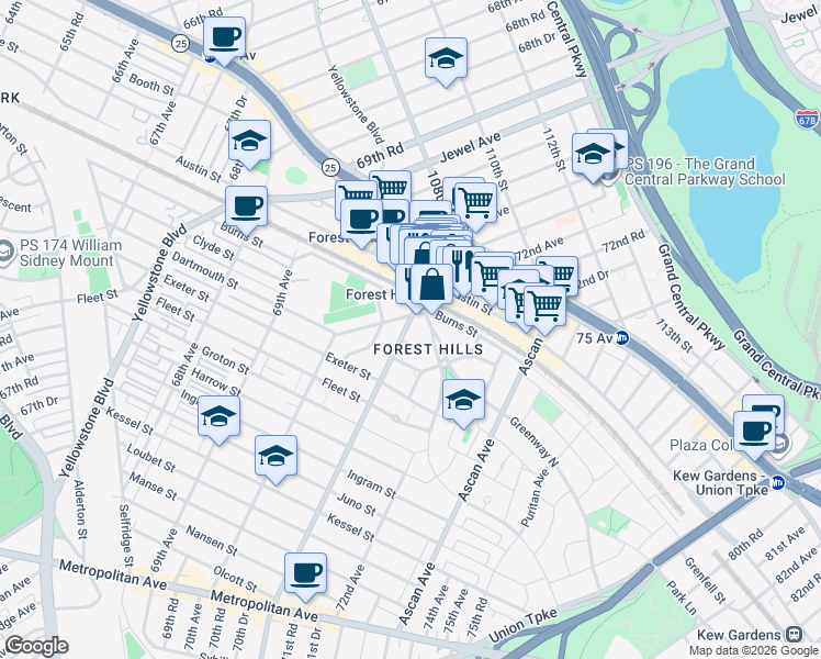 map of restaurants, bars, coffee shops, grocery stores, and more near 6 Station Square in Queens