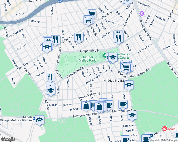 map of restaurants, bars, coffee shops, grocery stores, and more near 63-19 76th Street in Queens