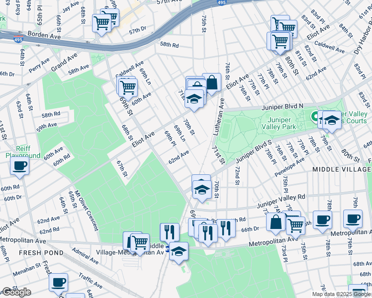 map of restaurants, bars, coffee shops, grocery stores, and more near 61-72 70th Street in Queens