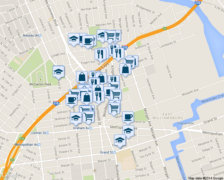 map of restaurants, bars, coffee shops, grocery stores, and more near 252 Richardson Street in Brooklyn