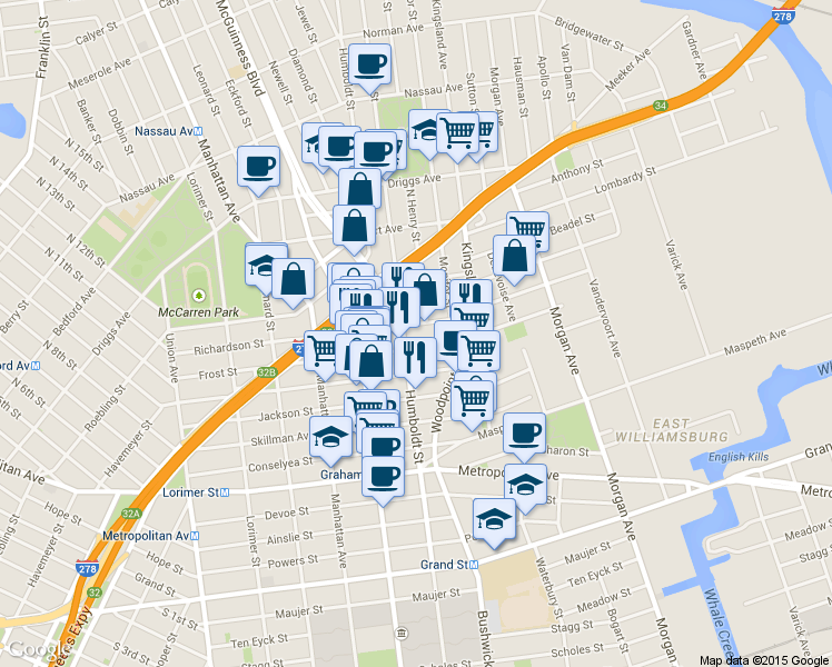 map of restaurants, bars, coffee shops, grocery stores, and more near 216 Richardson Street in Brooklyn