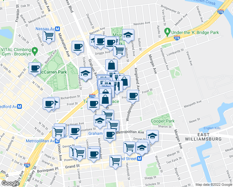 map of restaurants, bars, coffee shops, grocery stores, and more near 177 Richardson Street in Brooklyn
