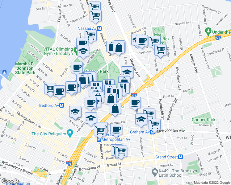 map of restaurants, bars, coffee shops, grocery stores, and more near 61 Bayard Street in Brooklyn