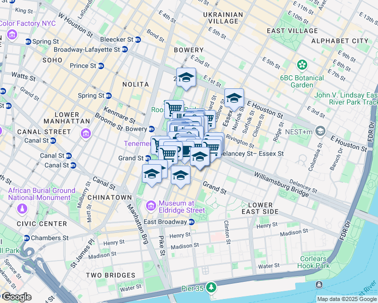 map of restaurants, bars, coffee shops, grocery stores, and more near 117 Orchard Street in New York