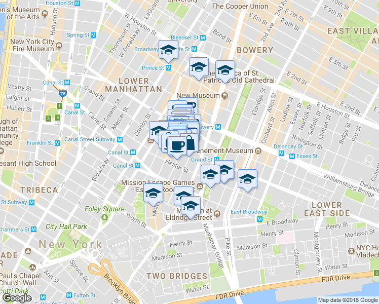 map of restaurants, bars, coffee shops, grocery stores, and more near 203 Grand Street in New York