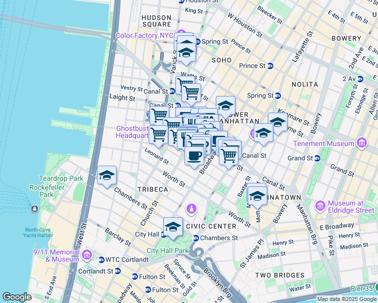 map of restaurants, bars, coffee shops, grocery stores, and more near 39 Walker Street in New York