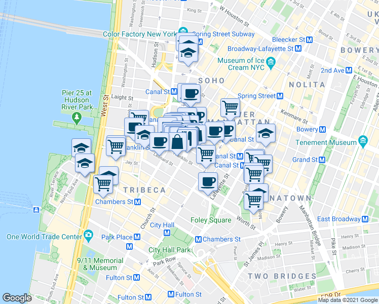 map of restaurants, bars, coffee shops, grocery stores, and more near 273 Church Street in New York