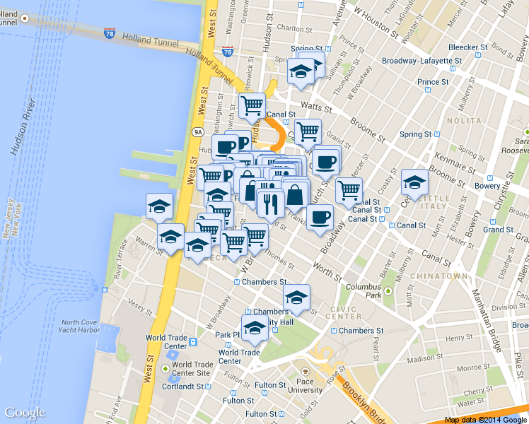 map of restaurants, bars, coffee shops, grocery stores, and more near in New York