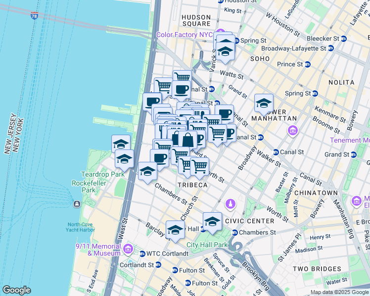 map of restaurants, bars, coffee shops, grocery stores, and more near 162 Franklin Street in New York