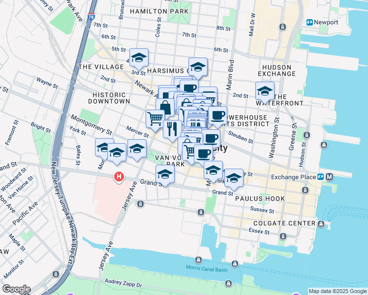 map of restaurants, bars, coffee shops, grocery stores, and more near 49 Wayne Street in Jersey City