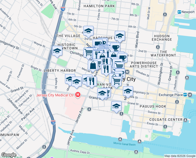 map of restaurants, bars, coffee shops, grocery stores, and more near 474 Jersey Avenue in Jersey City