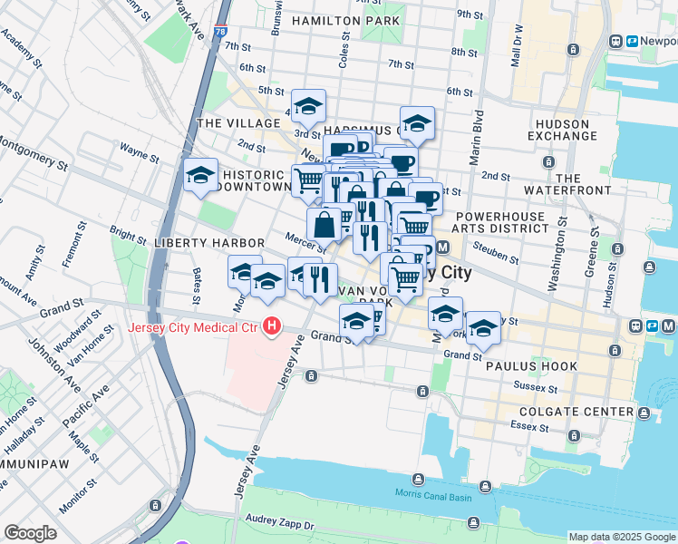 map of restaurants, bars, coffee shops, grocery stores, and more near 474 Jersey Avenue in Jersey City