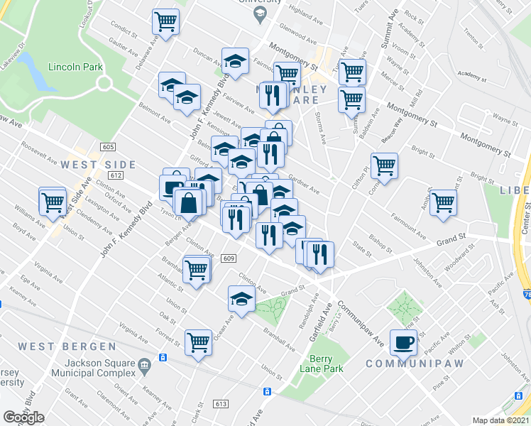 map of restaurants, bars, coffee shops, grocery stores, and more near in Jersey City
