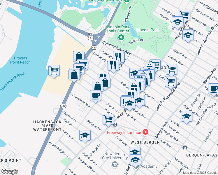 map of restaurants, bars, coffee shops, grocery stores, and more near 209 Boyd Avenue in Jersey City