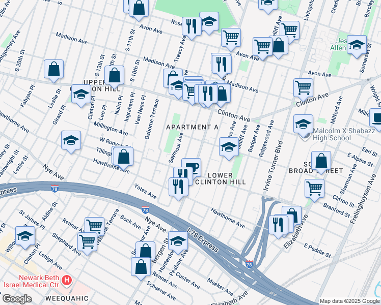 map of restaurants, bars, coffee shops, grocery stores, and more near 208 Chadwick Avenue in Newark