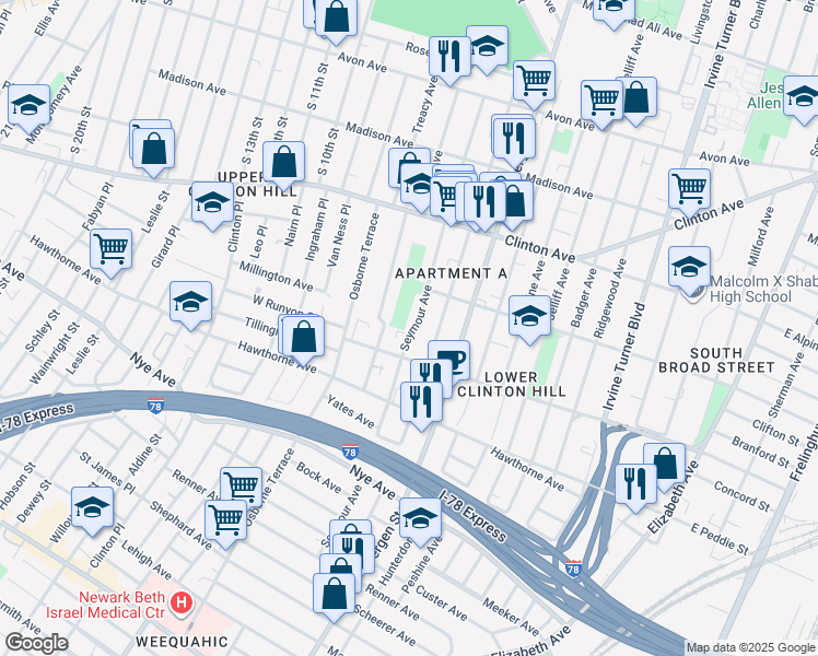 map of restaurants, bars, coffee shops, grocery stores, and more near 185 Seymour Avenue in Newark