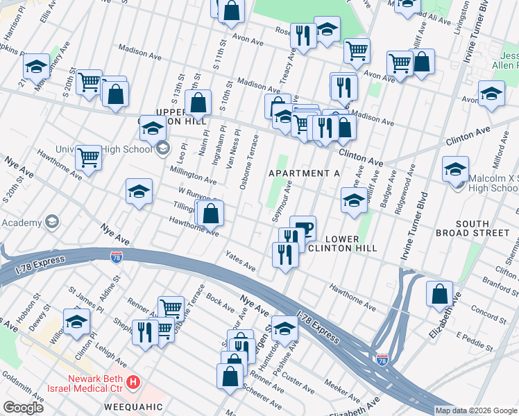 map of restaurants, bars, coffee shops, grocery stores, and more near 93 Hedden Terrace in Newark