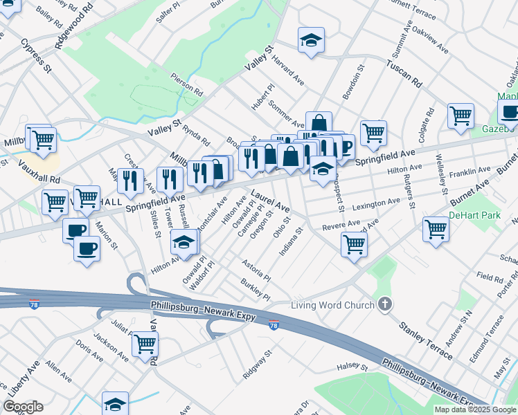 map of restaurants, bars, coffee shops, grocery stores, and more near 366 Oswald Place in Union