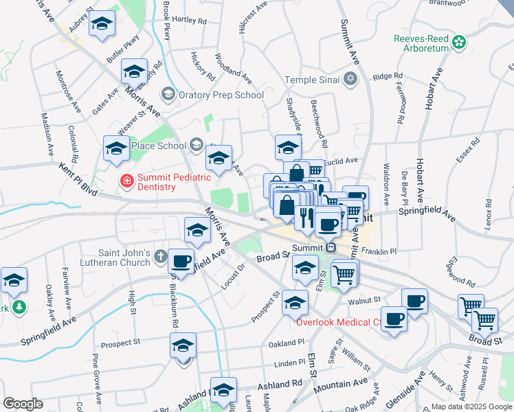 map of restaurants, bars, coffee shops, grocery stores, and more near 9 Norwood Avenue in Summit