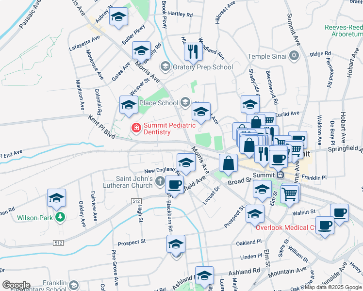 map of restaurants, bars, coffee shops, grocery stores, and more near 73 Kent Place Boulevard in Summit